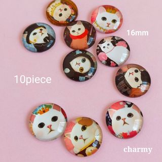 ガラスカボション 16mm / しろねこちゃん / 猫カボション / 10個(各種パーツ)