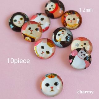 ガラスカボション 12mm / しろねこちゃん / 猫カボション / 10個(各種パーツ)