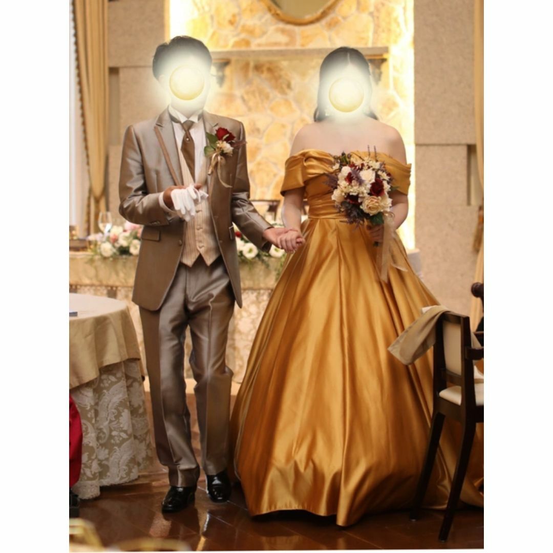 期間限定値下げ！マスタード　イエロー　カラードレス　結婚式　ウェディング 実例写真！カラードレス マスタードイエロー オフショルダー