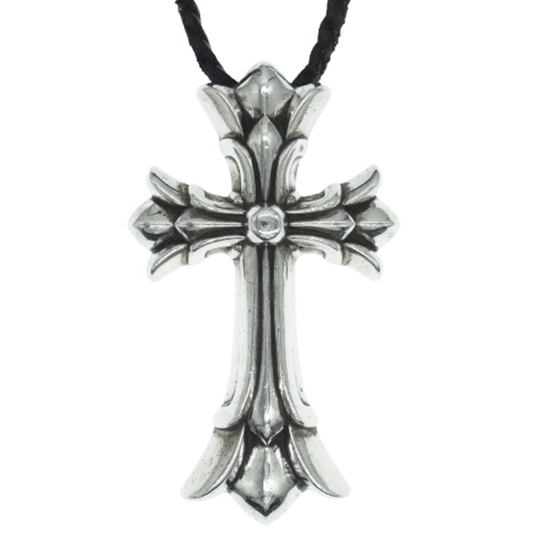 Chrome Hearts(クロムハーツ)のCHROME HEARTS クロムハーツ（原本無） DBL CH CRS LRG ラージダブルCHクロス スパイク レザーブレード レースストッパー ネックレス シルバー系【中古】 メンズのアクセサリー(ネックレス)の商品写真