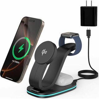 Qi2認証 ワイヤレス充電器 3 in 1 Mag-Safe式 アップルウォッチ(バッテリー/充電器)