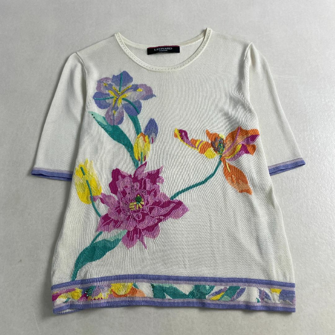 LEONARD - レオナール ニット 半袖 花柄 刺しゅう ストーン