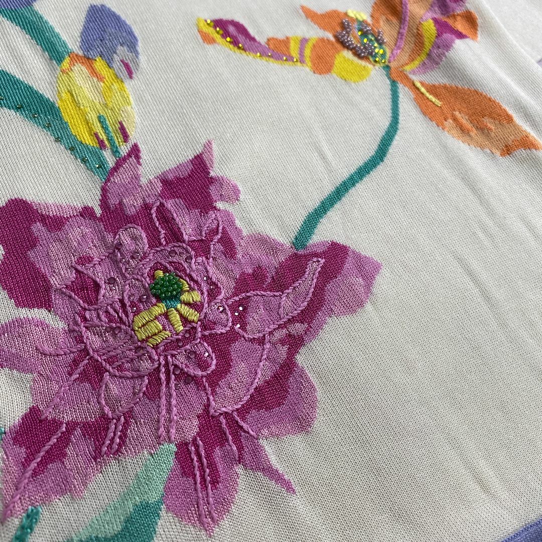美USED レオナール 半袖 サマーニット カットソー 刺繍 花柄