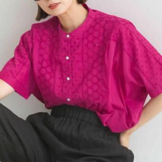 Lupilien パッチワークシフリー アイレット レース ブラウス/ピンク(シャツ/ブラウス(半袖/袖なし))