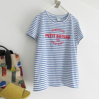 プチバトー(PETIT BATEAU)のPETIT BATEAU プチバトー　ボーダー　ロゴTシャツ　オーガニック　L(Tシャツ(半袖/袖なし))