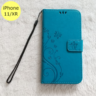 かわいい 蝶 手帳型 iPhone11/XR iPhoneケース 水色
