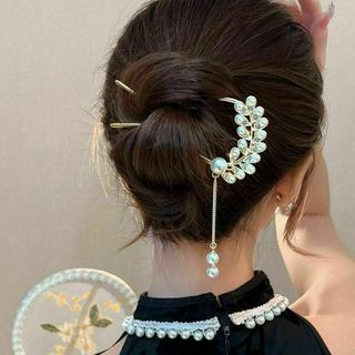 ヘアフォーク豪華かんざしヘアアクセサリーキラキラ揺れチェーン華やか上品大人可愛い(ヘアピン)
