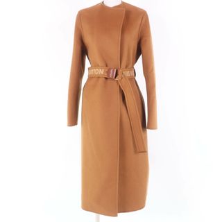 ルイヴィトン(LOUIS VUITTON)の極美品☆LOUIS VUITTON ルイヴィトン ウール シルク混 裏地モノグラム ベルテッド ノーカラー ロング丈 コート ブラウン 36 ハンガー・ガーメント付き イタリア製 正規品 レディース(その他)