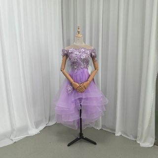 送料無料！パーティードレス オフショルダー パープル 3D立体レース刺繍音楽会(ウェディングドレス)