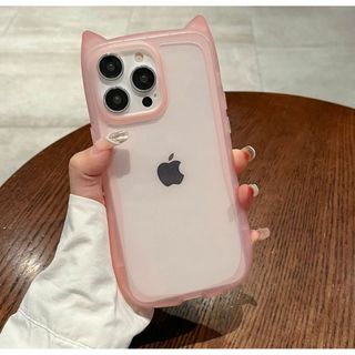 【ピンク】猫耳風クリア シリコンケース iPhone15Pro対応　猫グッズ(iPhoneケース)