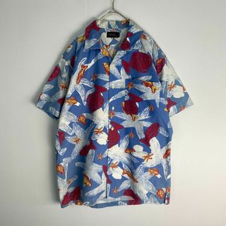 半袖シャツ アロハシャツ　開襟 オープンカラー 金魚 M L相当　青　赤