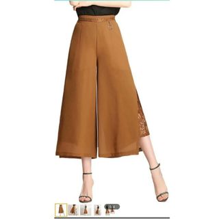 [YeeNoke] シフォン ワイドパンツ ガウチョ レディース  スリット オ(カジュアルパンツ)