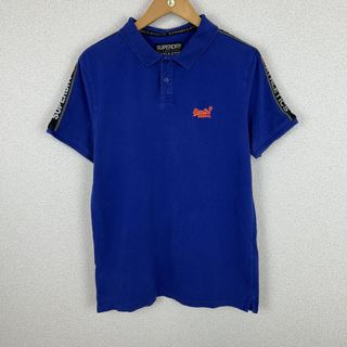 Superdry スーパードライ ポロシャツ 袖ロゴテープ 刺繍ロゴ 半袖 ブルー Mサイズ メンズ 古着 ストリート(ポロシャツ)