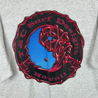 タウンアンドカントリー(Town & Country)の90s T&C Surf Designs タウン&カントリー Tシャツ バックプリント シングルステッチ 半袖 杢グレー Lサイズ メンズ 古着 ストリート Y2K(Tシャツ/カットソー(半袖/袖なし))