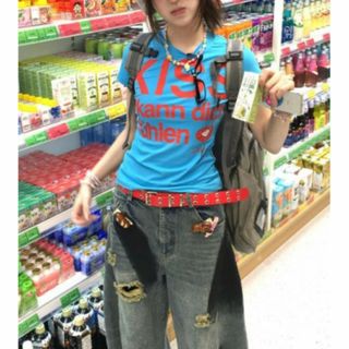 【Ｓ】新品 y2k Tシャツ 水色 ピチT グランジ トレンド 平成ギャル