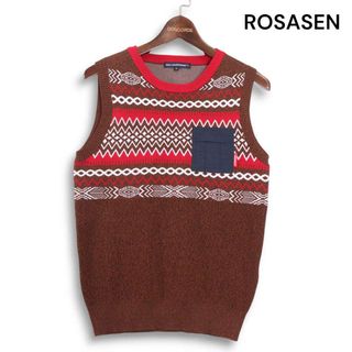 【美品】ROSASEN ロサーセン ゴルフ 通年★ ニット ベスト ノルディック柄 異素材ミックス Sz.M レディース(ウエア)