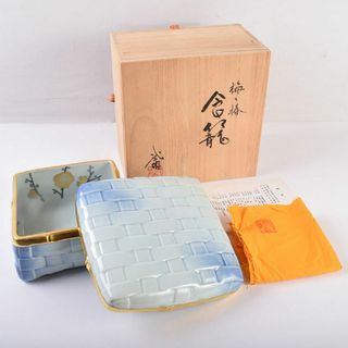 茶道具　京焼　平安　小川武雄作　梅椿文　食籠　共布共箱　V　R8955(陶芸)
