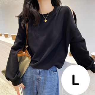 【人気】トレーナー　黒　肩ジッパー セクシー　オシャレ　韓国風(Tシャツ(半袖/袖なし))