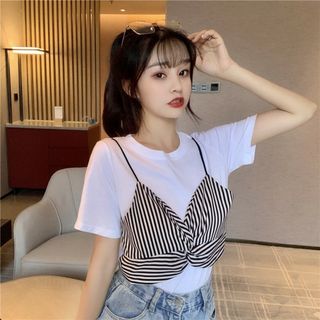 ♥新品・未使用♥フェイク レイヤード ビスチェ ストライプ Tシャツ(Tシャツ(半袖/袖なし))