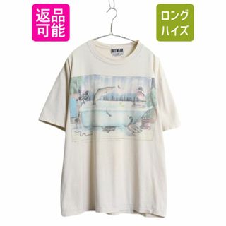 90s USA製 アニマル アート イラスト プリント Tシャツ メンズ L / オールド グラフィック アウトドア サファリ ヘビーウェイト ナチュラル(Tシャツ/カットソー(半袖/袖なし))