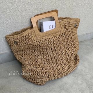 新品｜ウッドハンドル ストローバッグ 茶色 プチプラ かごバッグ 新品 綺麗(かごバッグ/ストローバッグ)