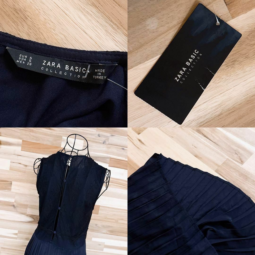 未使用【ザラ】刺繍レース×プリーツ 切り替えノースリーブ ワンピース S 紺×黒 ZARA - 未使用【ザラ】刺繍レース×プリーツ 切り替え