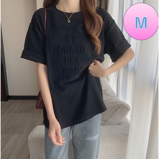 立体ロゴオーバー Tシャツ M 黒 レディース 涼やかな着心地 ゆったり(Tシャツ(半袖/袖なし))