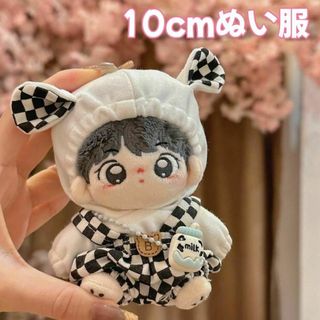 10cm ぬい服 うさ耳パーカー オーバーオール チェック柄 ポシェット付き(その他)