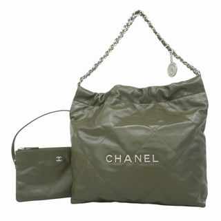 シャネル(CHANEL)の【5fd4776】シャネル トートバッグ シャネル22 スモール カーフスキン カーキ シルバー金具 チェーン【中古】レディース(トートバッグ)