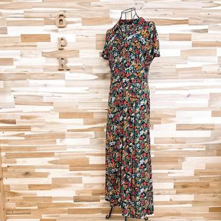 ザラ(ZARA)の【ザラ】ボタニカル フラワー 花柄 ロング シャツ ワンピース 半袖 L 黒×赤(ロングワンピース/マキシワンピース)