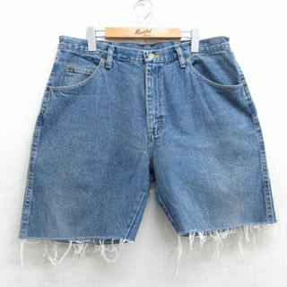ラングラー(Wrangler)のW35★古着 ラングラー Wrangler ショート パンツ ショーツ メンズ コットン 紺 ネイビー デニム 25jun25 中古 ボトムス 短パン ショーパン ハーフ(ワークパンツ/カーゴパンツ)