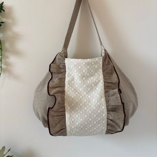 ハンドメイド　ワンショルダーバッグ　綿麻　刺繍綿レース　ブラウン(バッグ)