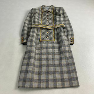 ヴィンテージ(VINTAGE)の美品　ヴィンテージ　ロングワンピースチェック柄　ボタン　ベルト付き　レトロ　黒(ロングワンピース/マキシワンピース)
