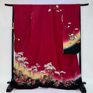 振袖 中古 エンジ 正絹 古典 裄66.2cm 身丈166.5cm 美品 M サイズ 成人式 4454(振袖)