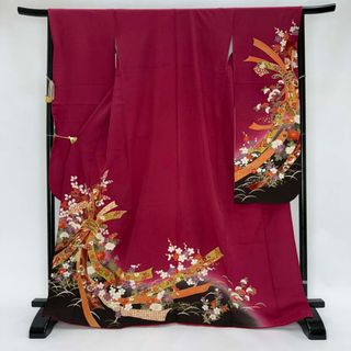 振袖 中古 エンジ 正絹 古典 裄65cm 身丈166.5cm 美品 M サイズ 成人式 4471(振袖)