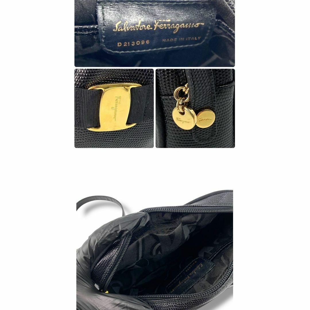 フェラガモ リザード型押し ヴァラリボン ショルダーバッグ レザー ブラック Salvatore Ferragamo - フェラガモ リザード型押し ヴァラリボン
