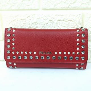 プラダ(PRADA)のPRADA プラダ 長財布 ビジュー スタッズ サフィアーノ ウォレット レッド イタリア製(財布)