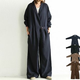 アンティカ(antiqua)の【antiqua】ゆったり 楽ちん 麻混 オールインワン ネイビー【アンティカ】(オールインワン)