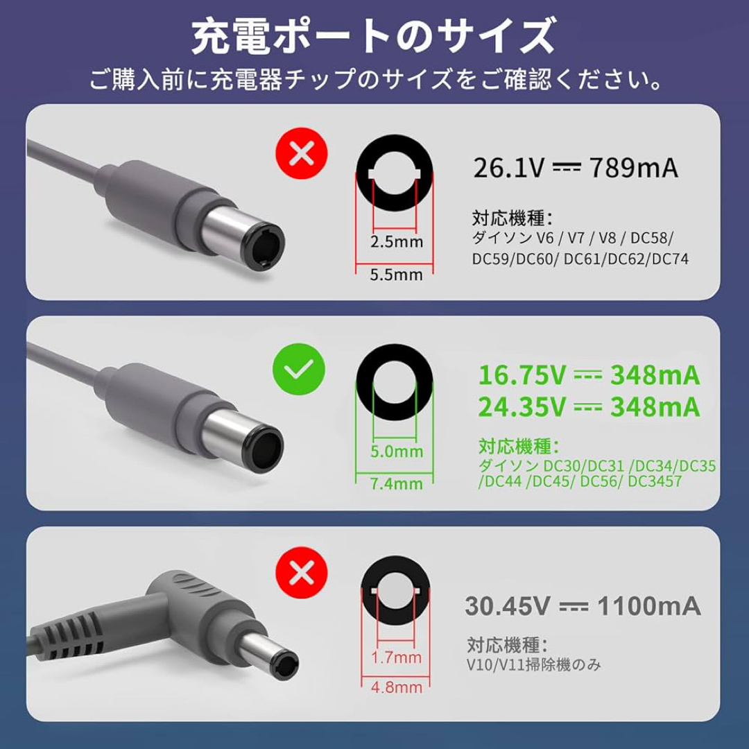 24.35V対応 ダイソン充電器 1.8m DC30.34.44.56.57 スマホ/家電/カメラの生活家電(掃除機)の商品写真