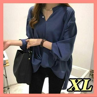シャツ ブラウス XL レディース 体型カバー ゆったり タック入り ネイビー(シャツ/ブラウス(長袖/七分))