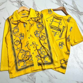 ヴィンテージ(VINTAGE)の希少デザイン スカーフ柄 総柄シャツ アンサンブル 金ボタン シルク調 レトロ(シャツ/ブラウス(長袖/七分))
