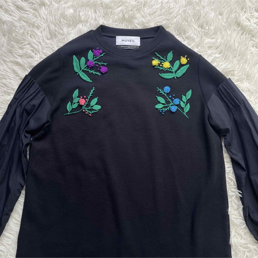 MUVEIL ミュベール お花刺繍 ワンピース M 38ブラック 長袖