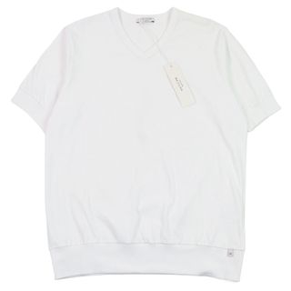 未使用品○ANTICIPO アンティーチポ INZOLIA インツォリア コットン100% ロゴタグ付き スムースコットン Vネック リブ切替 半袖Ｔシャツ ホワイト 42 イタリア製 正規品 メンズ(Tシャツ/カットソー(半袖/袖なし))