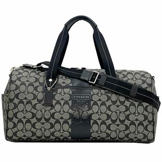 コーチ(COACH)のコーチ ボストンバッグ グレー ブラック シグネチャー F77278 2way 旅行鞄 PVC レザー 中古 COACH 大容量 ロゴ 総柄 チャーム付 クロスボディ ファスナー 定番 人気 大きい 革 出張 ビジネス 仕事 灰色 黒(ボストンバッグ)