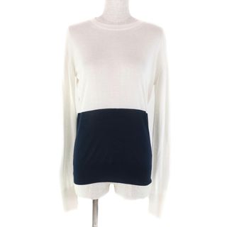 セリーヌ(CELINE)の美品★CELINE セリーヌ 2 3T82/4503 コットン シルク混 フィービー期 バイカラー クルーネック 長袖 ニット ホワイト ネイビー S イタリア製 正規品 レディース(ニット/セーター)
