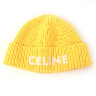 セリーヌ(CELINE)の美品☆CELINE セリーヌ 2A61W535Q ウール100％ ロゴ エンブロイダリー ビーニー ニット帽 ニットキャップ イエロー TU イタリア製 正規品 レディース メンズ(ニット帽/ビーニー)