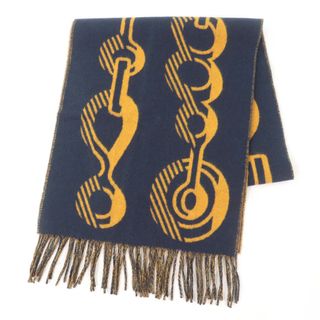 エルメス(HERMES)の未使用品☆HERMES エルメス ドレ・バックル カシミヤ エシャルプ ティセ フリンジ付き リバーシブル マフラー ネイビー 箱付き イギリス製 正規品 レディース メンズ(マフラー/ショール)