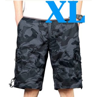メンズ カーゴ ショート ハーフ パンツ 短パン 黒迷彩 カモフラ XL(ショートパンツ)