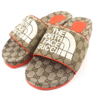 未使用品▼GUCCI THE NORTH FACE グッチ ザ・ノースフェイス 679904 GGキャンバス レザー使い スライドサンダル ブラウン オレンジ 10 箱・保存袋付き イタリア製 メンズ(サンダル)
