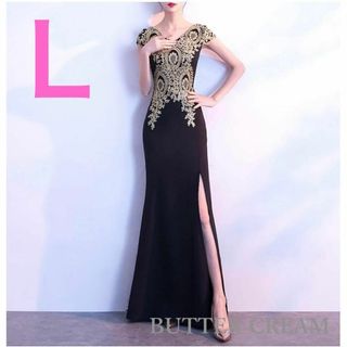 ロングドレス 黒 クラブ ホステス 上品 刺繍 スリット ドレス セクシー L